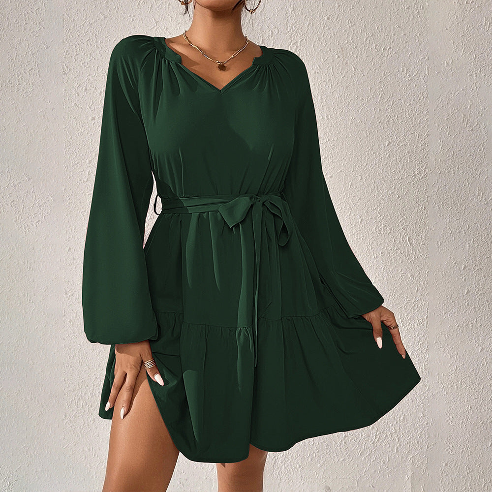 Vestido holgado informal de manga larga con volantes para mujer, primavera/verano, ajustado, con cintura alta