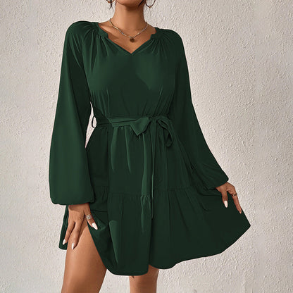 Vestido holgado informal de manga larga con volantes para mujer, primavera/verano, ajustado, con cintura alta