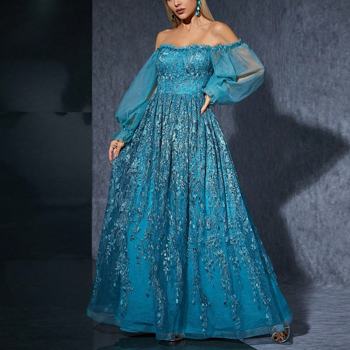 Vestido de noche con hombros descubiertos, mangas abullonadas y caída hacia abajo, elegante vestido de actuación para presentadora