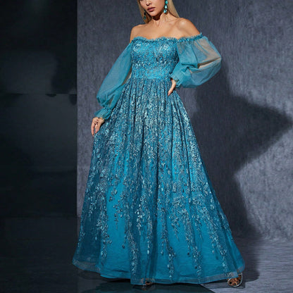 Vestido de noche con hombros descubiertos, mangas abullonadas y caída hacia abajo, elegante vestido de actuación para presentadora