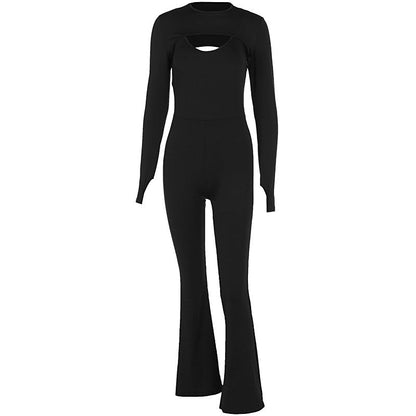 Spring Women Solid Color Long Sleeve Tight Braces Hip Lifting Jumpsuit Two Piece Set