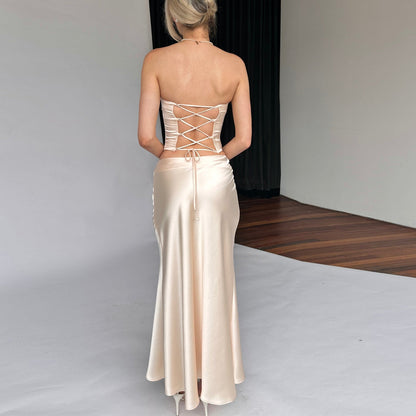 Vestido largo de satén de verano con top de tubo, color liso, sin espalda, con cordones, conjunto de falda sexy