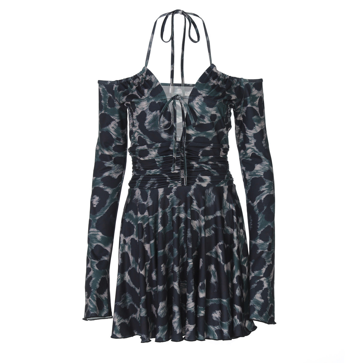Vestido plisado con cuello halter y manga larga con estampado de patrón de ropa para mujer