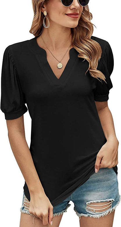Camiseta holgada informal de verano con cuello en V y mangas abullonadas de color liso para mujer
