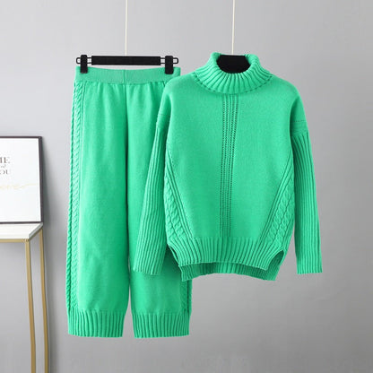 Conjunto informal de jersey de cuello alto y tejido grueso para mujer, pantalones anchos y sueltos de pierna ancha para otoño e invierno, dos piezas