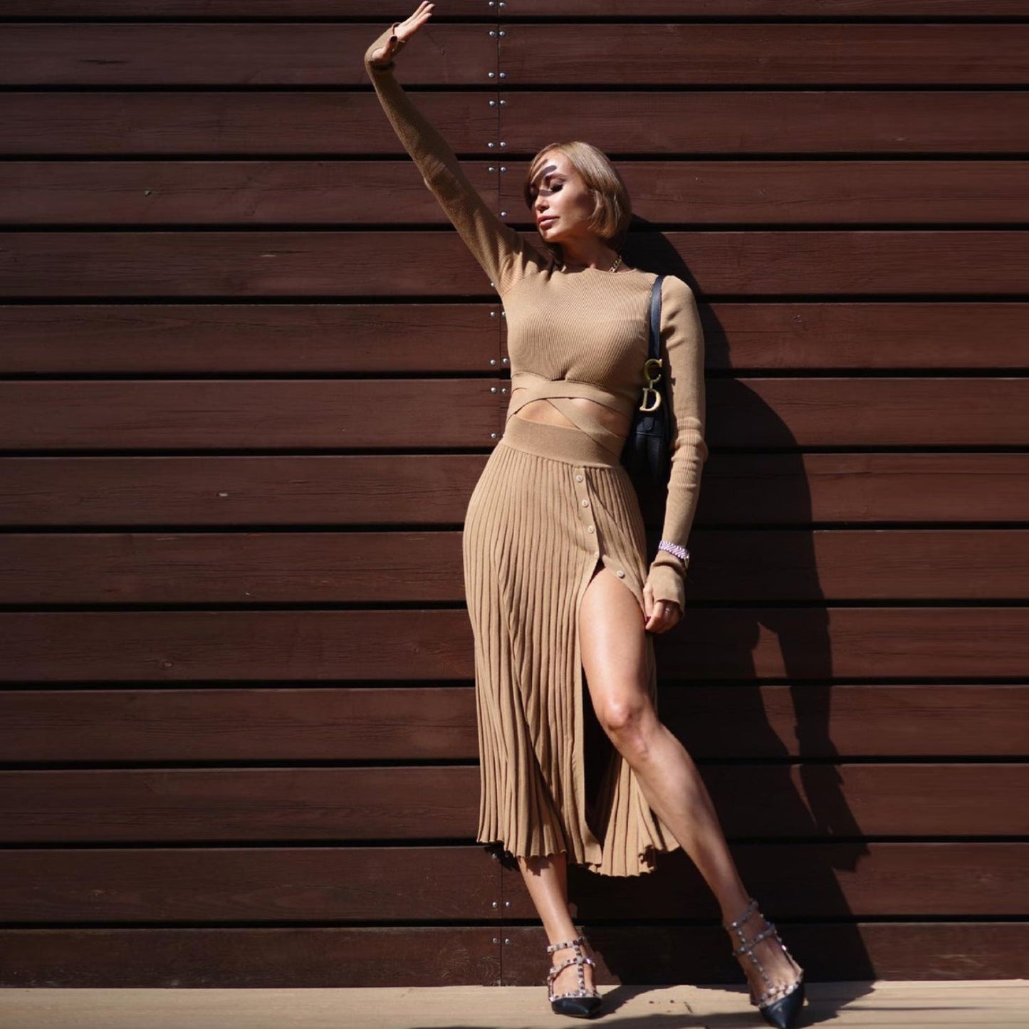 Suéter con abertura y falda plisada para mujer, traje de otoño e invierno con cordones