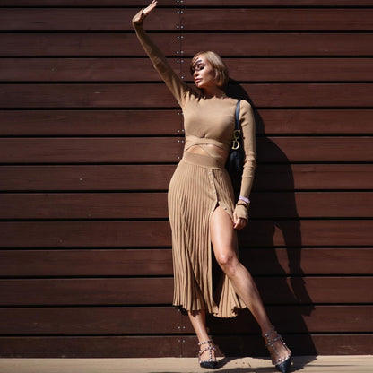 Suéter con abertura y falda plisada para mujer, traje de otoño e invierno con cordones