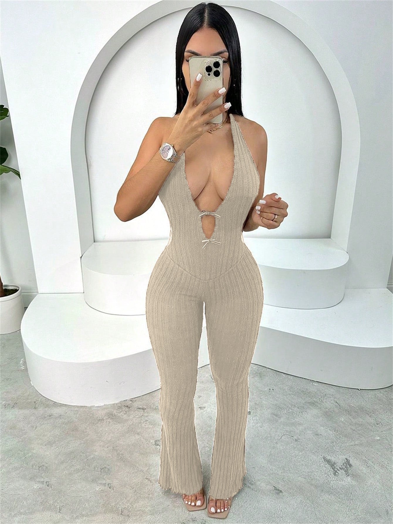 Mono de verano ajustado con cuello halter, encaje, espalda descubierta, sexy, pantalones acampanados, mono para mujer