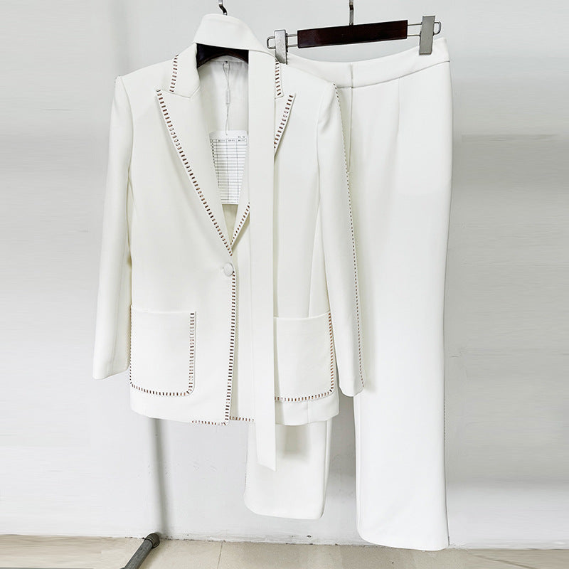 Conjunto de dos piezas de blazer holgado con bufanda y pantalones