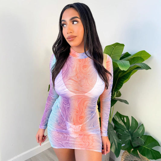 Sheer Mesh Long Sleeve Dress Autumn Mesh Floral Print Slim Sexy Long Sleeve Dress