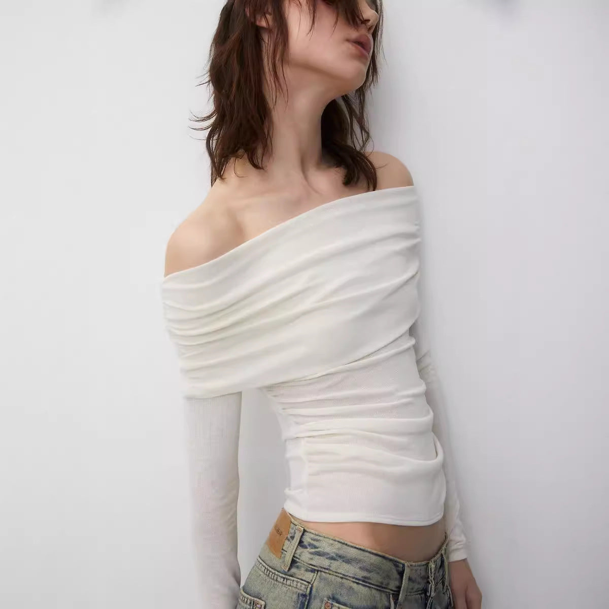 Camiseta sexy de manga larga sin tirantes, color sólido, elegante, sexy, ajustada, top corto