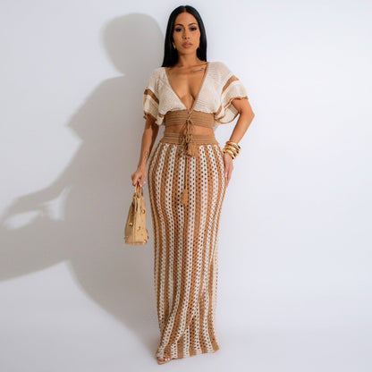 Conjunto de falda de punto a rayas con escote en V y aberturas para mujer, ropa de verano