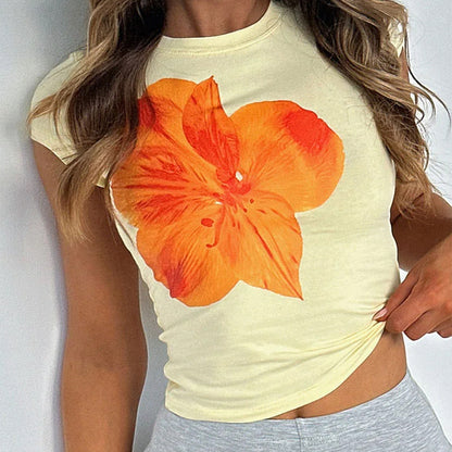 Camiseta de manga corta con estampado floral y cintura ajustada informal para mujer de primavera y verano