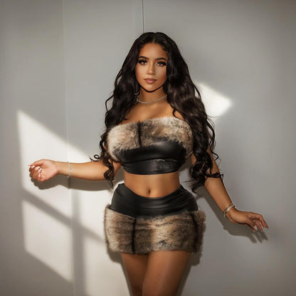 Ropa de mujer, calle, sexy, con costuras de piel, falda corta de cuero, top corto de tubo de cuero, conjuntos sexys de dos piezas