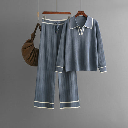 Conjunto informal de dos piezas de punto adelgazante con cintura alta y cuello polo de color contrastante para otoño e invierno