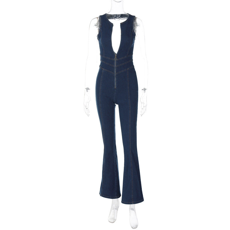 Mono vaquero de cintura alta retro sin espalda de moda para mujer, ajustado, de verano