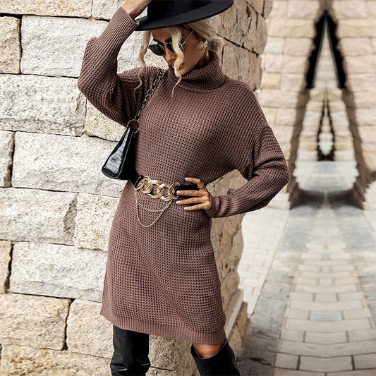 Vestido tipo suéter de cuello alto y manga larga de color liso para mujer, otoño e invierno