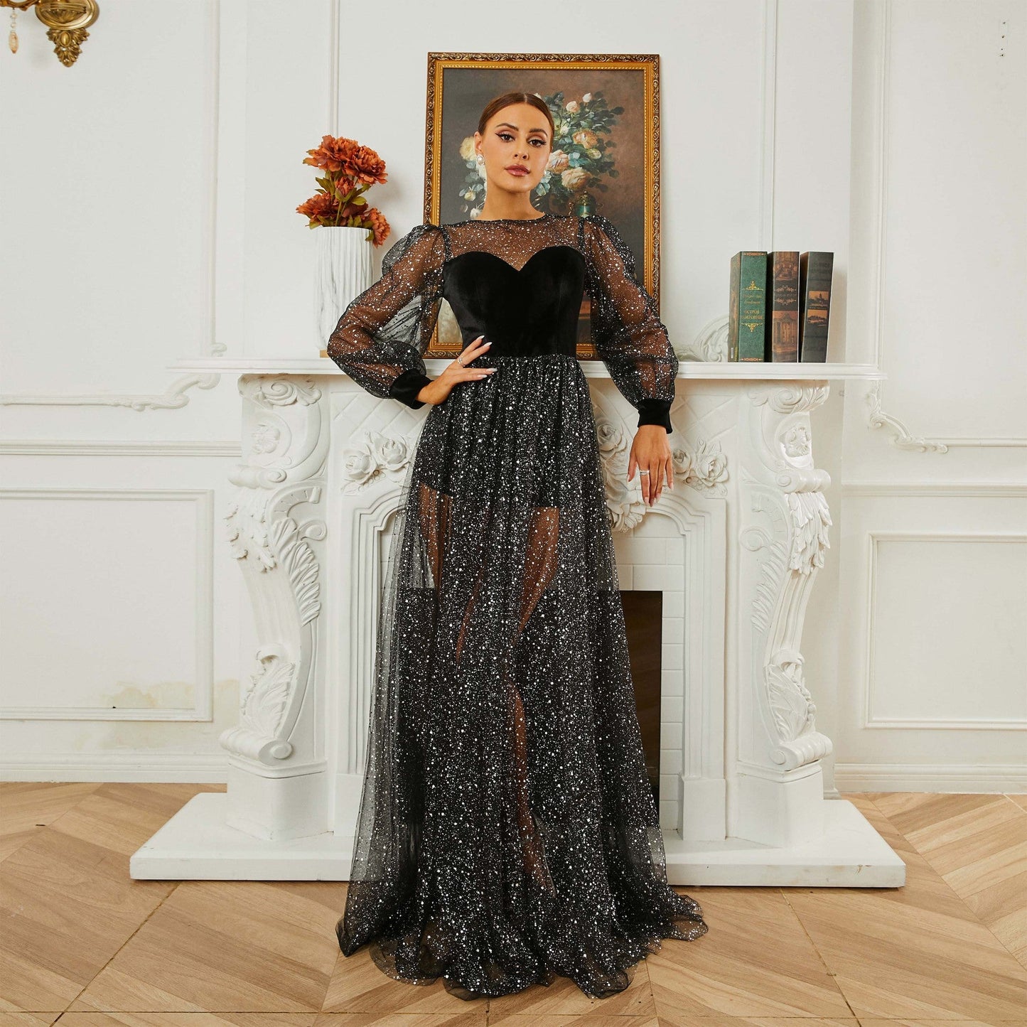 Vestido de noche de gasa con lentejuelas y cuello redondo y manga larga para dama de honor
