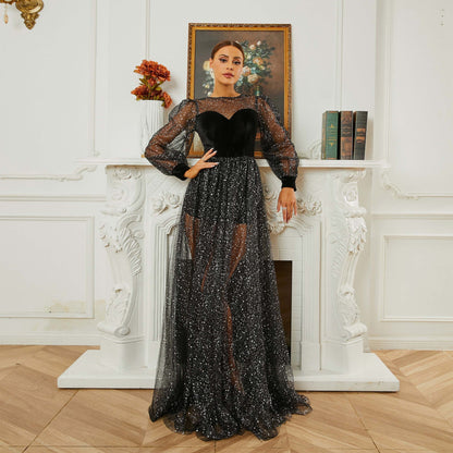 Vestido de noche de gasa con lentejuelas y cuello redondo y manga larga para dama de honor