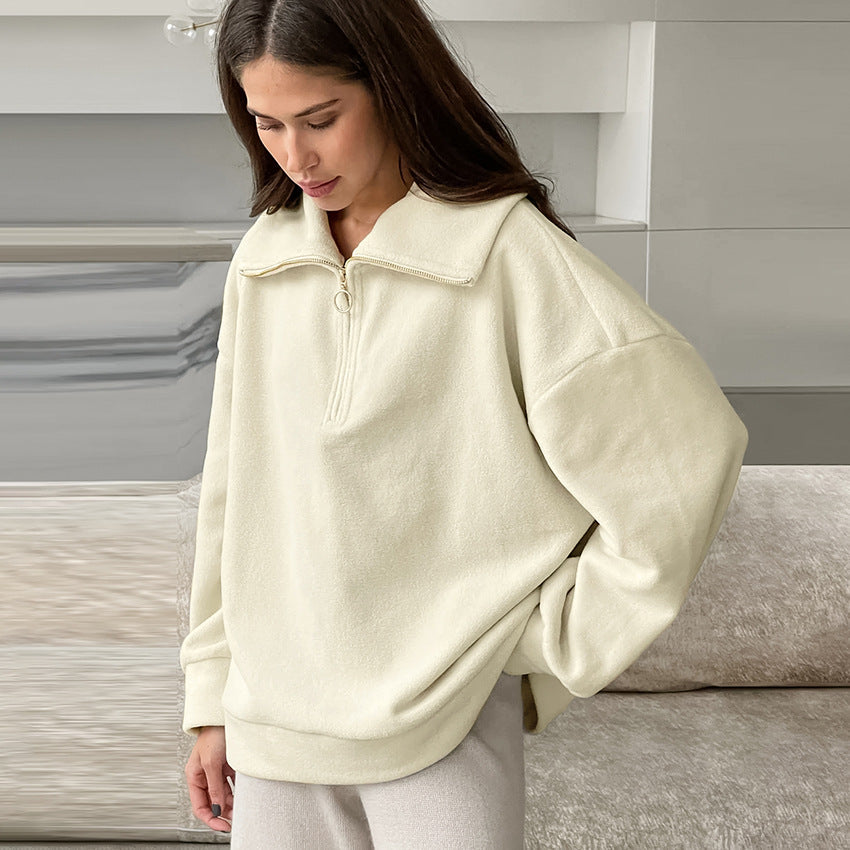 Suéter holgado informal de punto de cordero y cachemira beige para mujer, top deportivo con cuello a juego para otoño e invierno