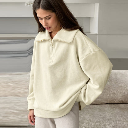 Suéter holgado informal de punto de cordero y cachemira beige para mujer, top deportivo con cuello a juego para otoño e invierno