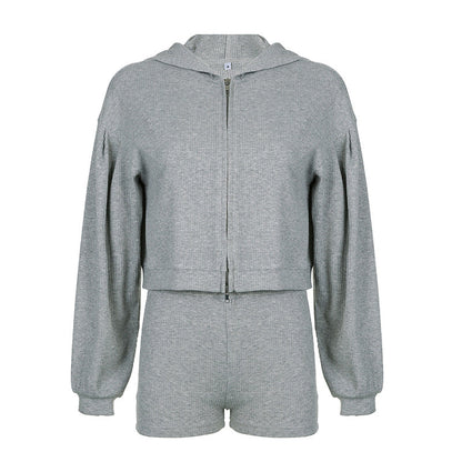 Sports Basic Solid Color Hooded Loose Zip Coat Vest Shorts Casual Three Piece Set
