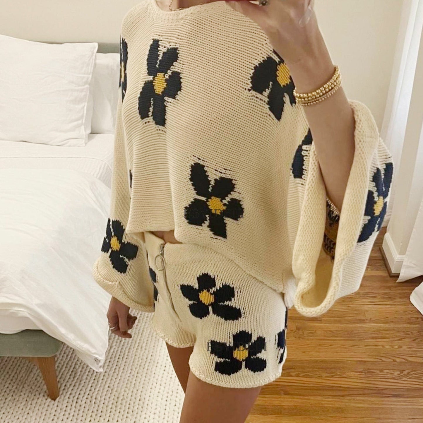 Ropa de mujer, pantalones cortos de lana de manga larga con estampado floral, ropa de casa de dos piezas