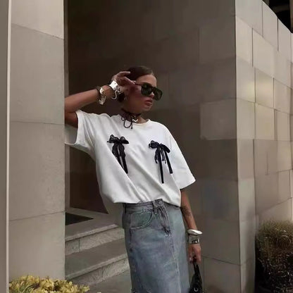 Camiseta de manga corta con estampado de encaje sexy y personalidad de nicho de algodón, top urbano que combina con todo.
