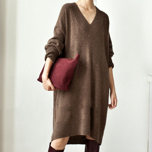 Suéter coreano de cuello en V para mujer, suéter holgado de longitud media, vestido grueso, otoño e invierno