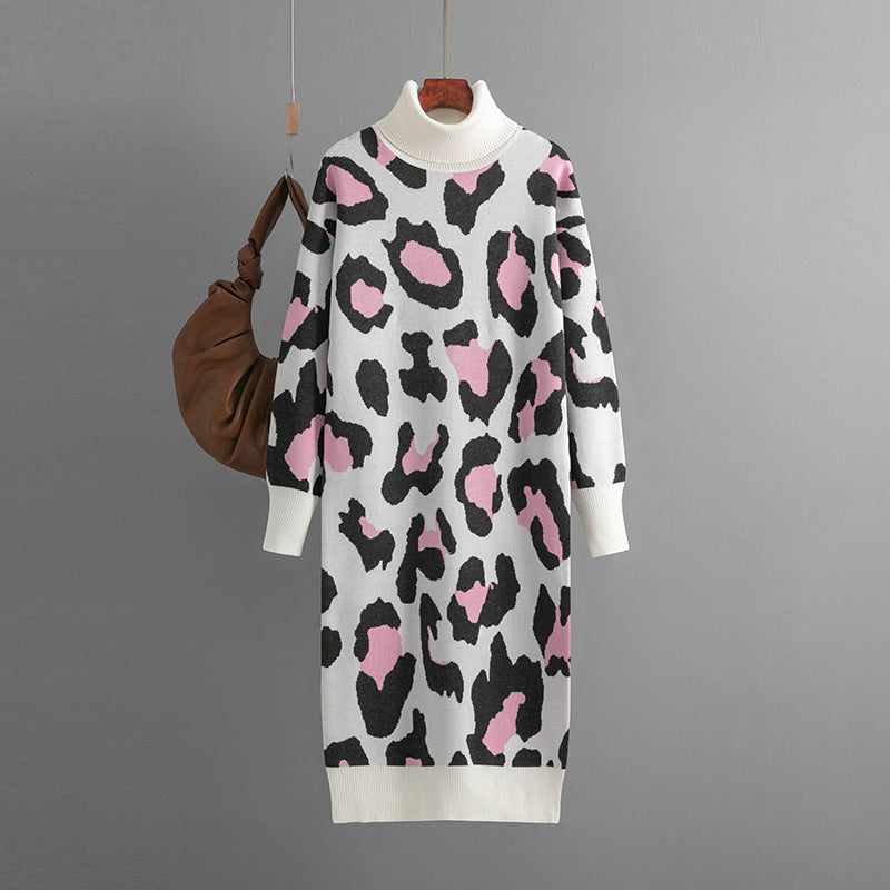 Vestido de punto con cuello alto y estampado de leopardo para mujer, otoño e invierno
