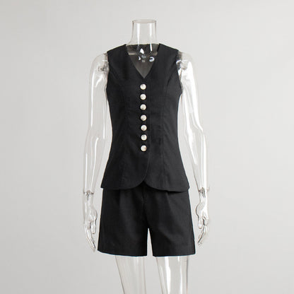Cotton Linen Vest Shorts Set Summer Office Vest Shorts Set Casual Women