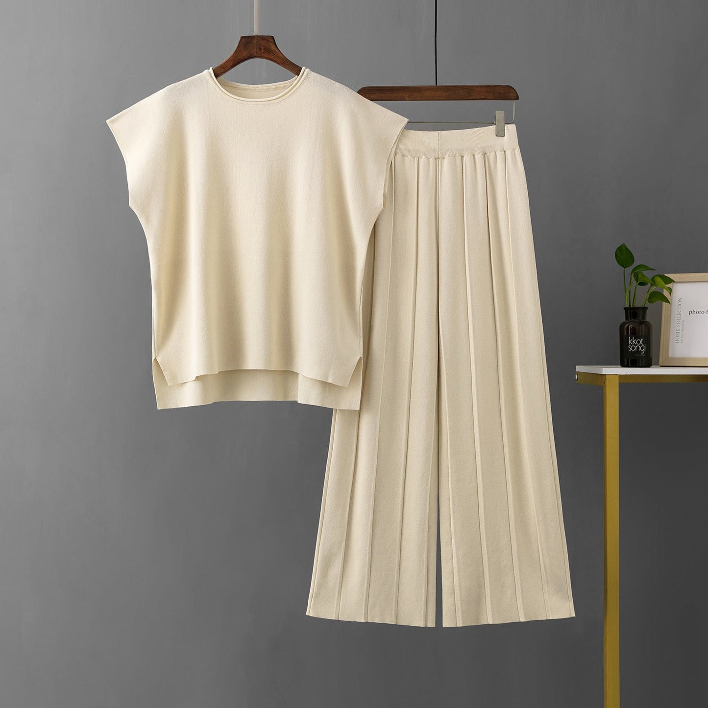 Conjuntos casuales de verano para mujer, chaleco sin mangas de color sólido, suéter, pantalones de pierna ancha de seda helada