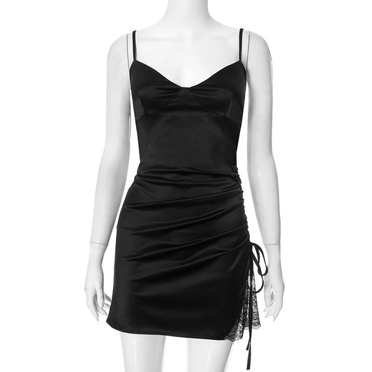 Vestido negro corto de encaje con tirantes y retazos sexy para mujer de primavera.