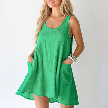 Spring Summer Casual Vacation Solid Color Patchwork Pocket Vest Dress Women Clothing