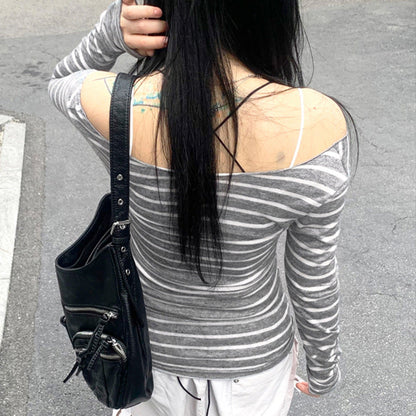Blusa de manga larga, ligera, ajustada y a rayas con hombros descubiertos, sexy, sencilla, combinable y casual.
