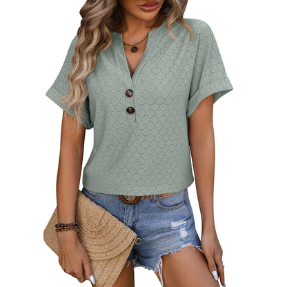 Camiseta holgada de manga corta con cuello en V, botones y lunares de color liso para mujer para primavera y verano