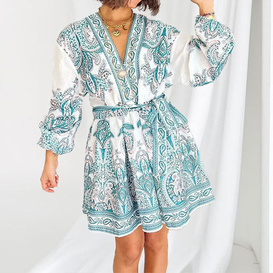 Women Clothing Elegant Fashionable V neck Printed Puff Sleeve Dress