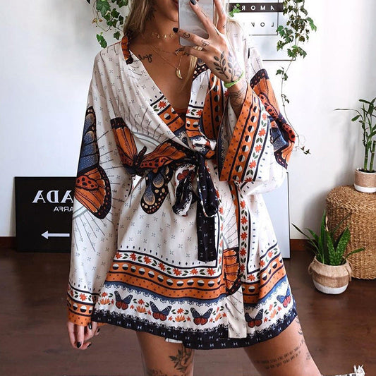 Women Printed Long-Sleeved Waist Women Dress
