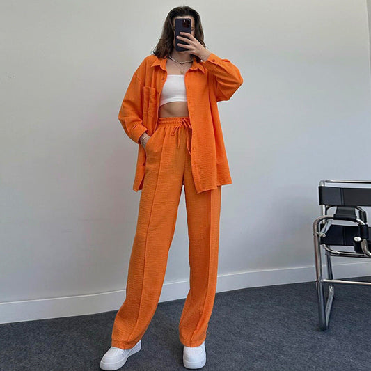 Traje de mujer Otoño Invierno Camisa de manga larga plisada Pantalones de cintura elástica Conjunto elegante de dos piezas