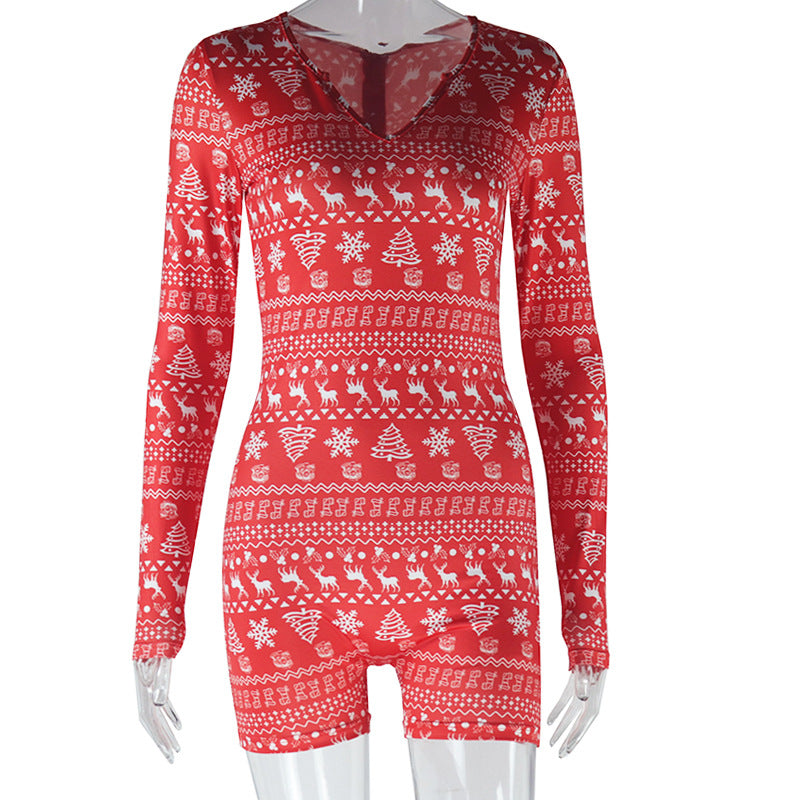 Mono informal sexy con cuello en V y manga larga con estampado de cuadrícula navideña para mujer, para otoño e invierno