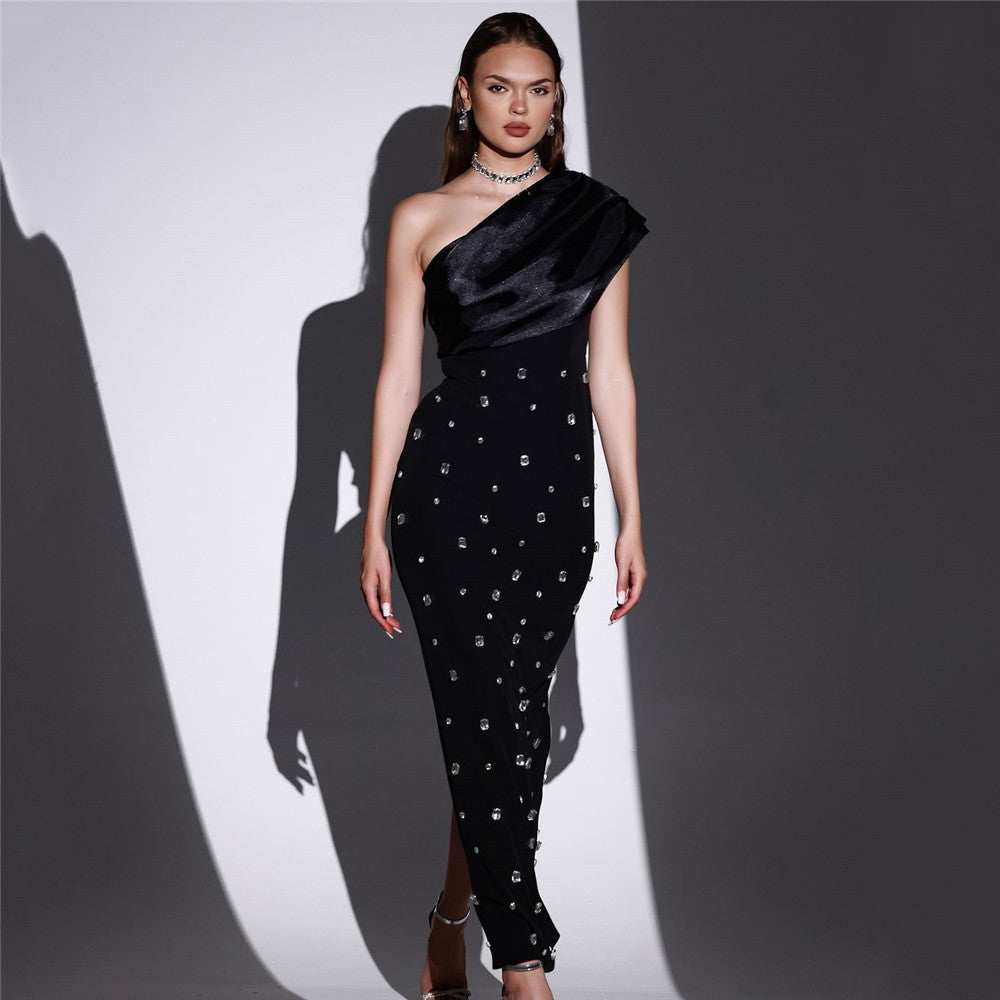 Vestido de gasa con hombros oblicuos y diamantes de imitación para cena de gala de debutante, sexy, de primavera