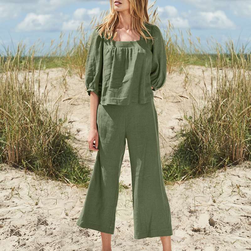 Ropa de talla grande para mujer, traje de pantalón de color liso, de algodón y lino, informal, de manga larga, holgado, de algodón