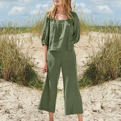 Ropa de talla grande para mujer, traje de pantalón de color liso, de algodón y lino, informal, de manga larga, holgado, de algodón