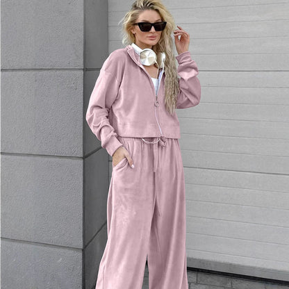Collared Long Sleeved Trousers Loose Sweater Autumn Winter Two Piece Set