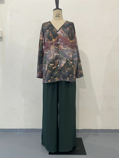 Camisa estampada pintada a mano de primavera, pantalones de pierna ancha, ropa de dos piezas para mujer
