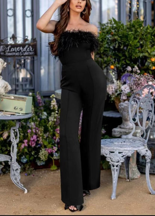 Mono de plumas con escote en V profundo y pantalones informales para mujer, ropa de primavera y verano