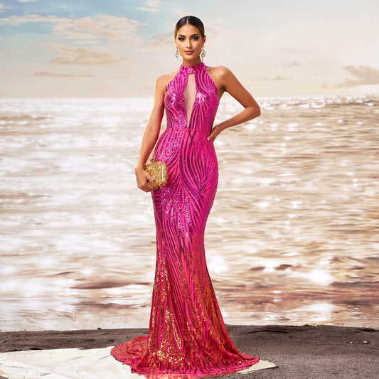 Women Clothing round Neck off the Shoulder Slim Fit Sheath Sequined Cocktail Fishtail Evening Dress