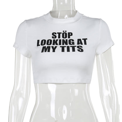 Camiseta corta sexy de otoño, informal, ajustada, combinable con todo, con letras estampadas, miniabrigo para mujer