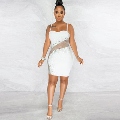 Vestido sexy ajustado de malla con tirantes de diamantes de imitación