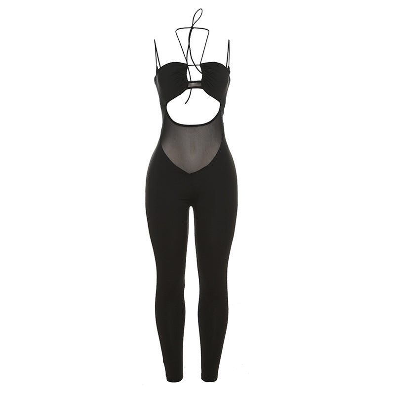 Pantalones de una pieza de punto ajustados de cintura alta con cuello halter transparente y aberturas sexys para mujer de verano